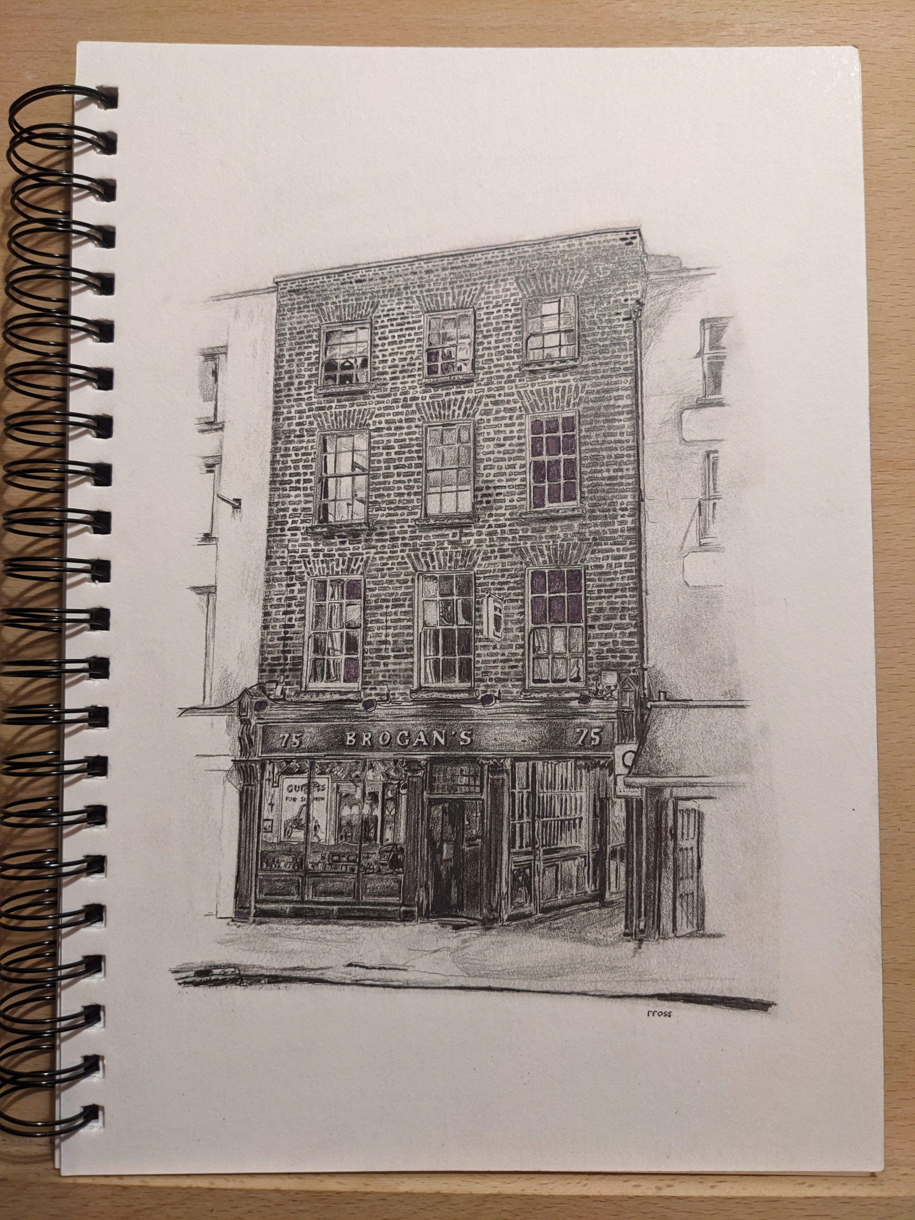 Completed Brogan's Pub drawing in sketchbook